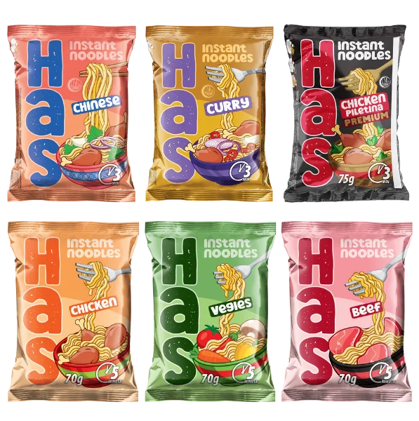HAS nudle su dostupne u velikom broju slanih i slatkih ukusa.